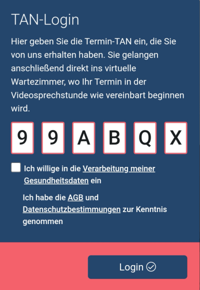 Screenshot bei Fernarzt zum Prozessschritt zur Eingabe der TAN zum Betreten des virtuellen Sprechzimmers.