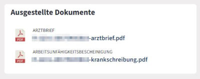 Screenshot bei Fernarzt zu ausgestellten Dokumenten Arztbrief und Arbeitsunfähigkeitsbescheinigung.