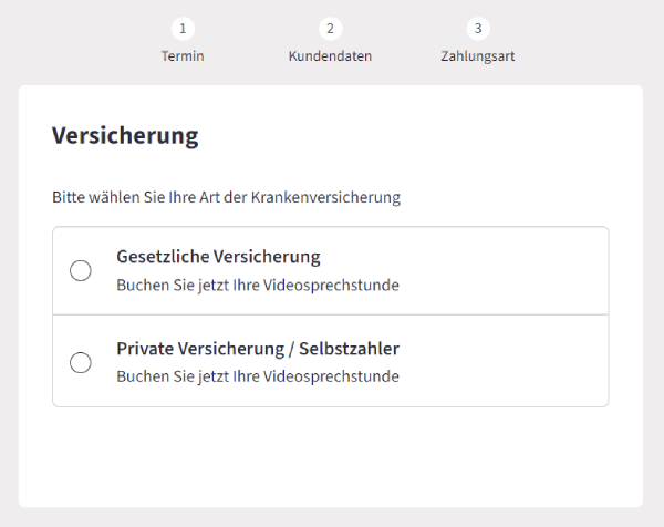 Screenshot von Fernarzt zum Prozessschritt zur Auswahl der Versicherungsart.