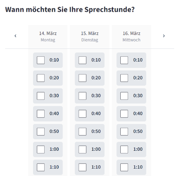 Screenshot von Fernarzt zur Auswahl eines passenden Termins.