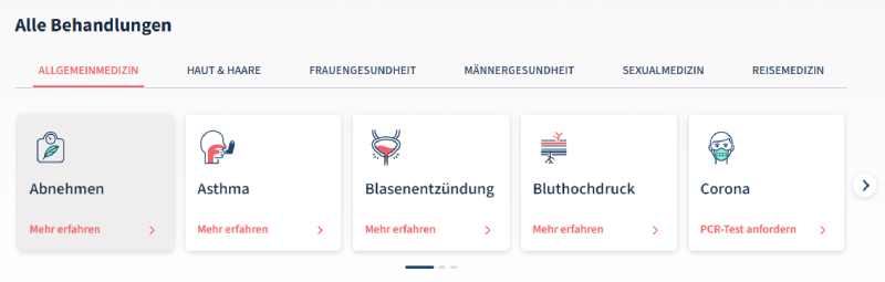 Übersicht verschiedener Behandlungen bei Fernarzt,