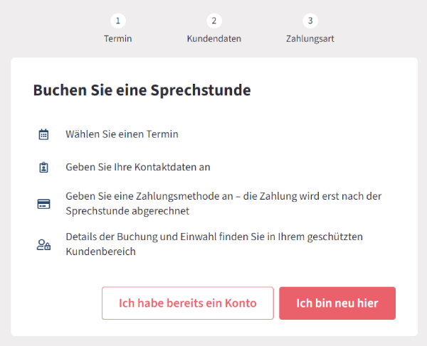 Screenshot von Fernarzt für Prozessschritt zum Buchen einer Sprechstunde.