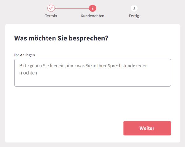 Screenshot von Fernarzt zum Prozessschritt zur Eingabe des Anliegen des Patienten.