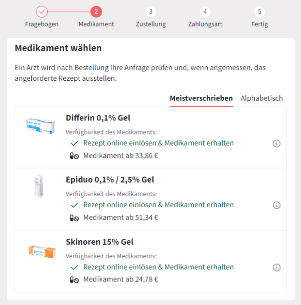 Am Ende des medizinischen Fragebogens kann ein passendes Medikament gewählt werden.