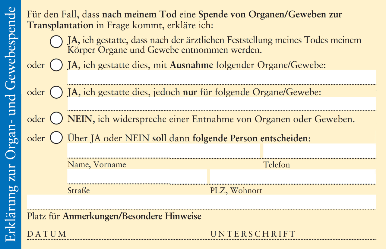 Die Rückseite von einem Organspendeausweis. Hier kann man angeben, welche Gewebe bzw. Organe man spenden möchte und welche nicht.