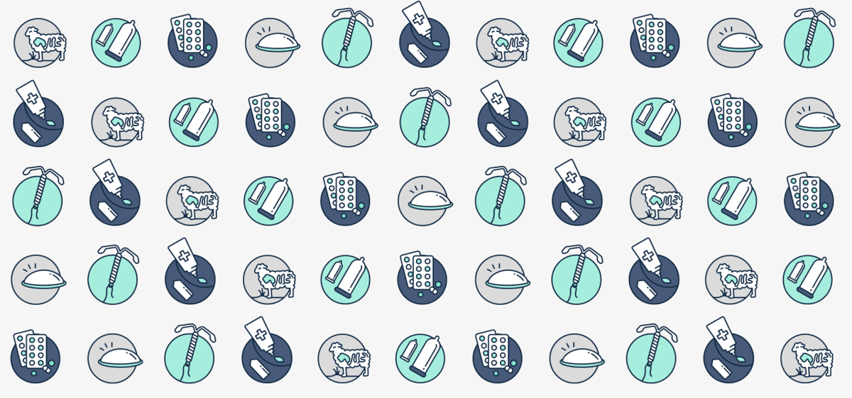 Die Geschichte der Verhütung: Header Bild mit Muster aus Icons für Kondome aus Schafsdärmen, Gummikondome, Antibabypille, Spirale, chemische Verhütung (Cremes und Zäpfchen)