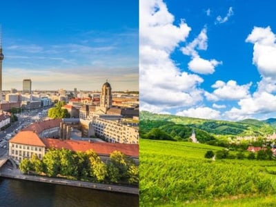 Fernarzt Magazin: Stadt, Land, Telemedizin. Titelbild mit Berlin als Großstadt und einem Dorf als ländliche Region.