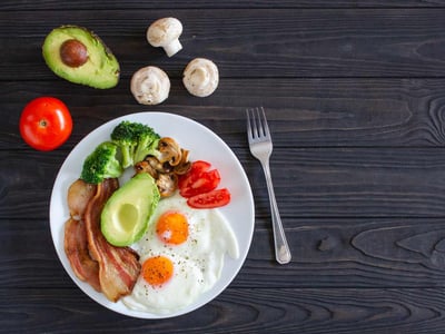 Es ist ein Teller mit ketogenen Lebensmitteln zu sehen, wie Avocado, Tomate, Pilzen, Broccoli, Speck und Ei.