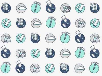 Die Geschichte der Verhütung: Header Bild mit Muster aus Icons für Kondome aus Schafsdärmen, Gummikondome, Antibabypille, Spirale, chemische Verhütung (Cremes und Zäpfchen)