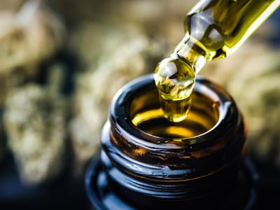Eine Fokusaufnahme von Cannabisöl. Im Hintergrund sind Cannabisblüten zu sehen.