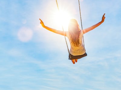 Frau schaukelt vor blauem Himmel und Sonne, sie streckt die Arme zur Seite.