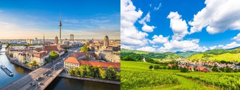 Fernarzt Magazin: Stadt, Land, Telemedizin. Titelbild mit Berlin als Großstadt und einem Dorf als ländliche Region.