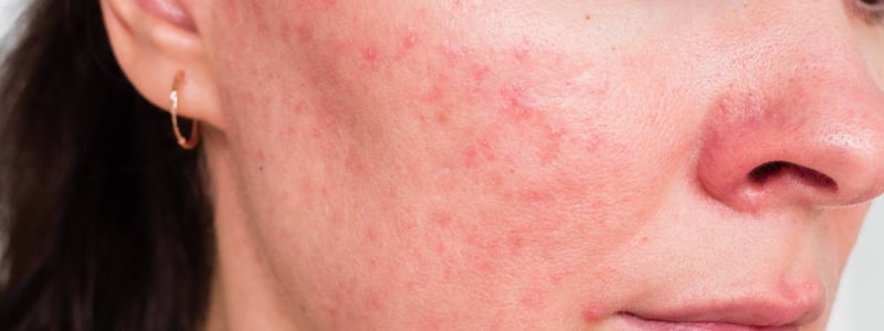 Im Gesicht einer Frau sind Hautveränderungen auf den Wangen zu sehen. Es handelt sich um Rosacea, diese chronisch-entzündliche Hauterkrankung wird auch Rosazea, Kupferrose oder Kupferfinne genannt.