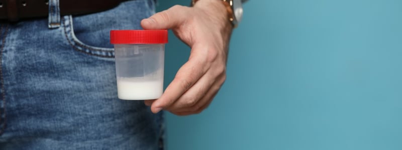 Ein Mann hält eine Samenspende oder Spermaprobe in einem Becher.