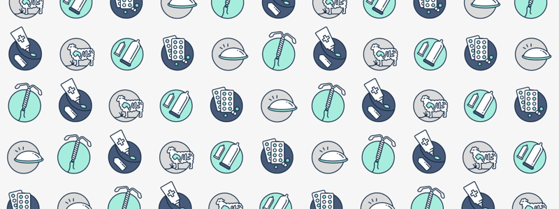 Die Geschichte der Verhütung: Header Bild mit Muster aus Icons für Kondome aus Schafsdärmen, Gummikondome, Antibabypille, Spirale, chemische Verhütung (Cremes und Zäpfchen)