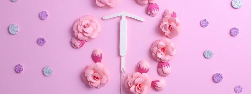Bunte Darstellung einer Hormonspirale mit pinkem Hintergrund und Blumen.