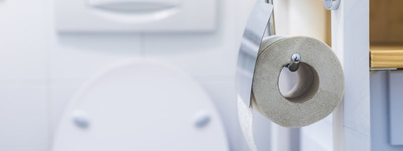 Eine Rolle Toilettenpapier hängt im Badezimmer. Im Hintergrund ist eine Toilette zu sehen.