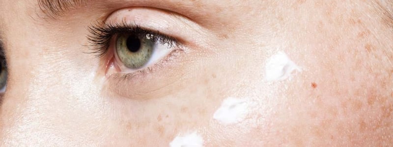 Frau mit drei Tupfen Creme auf der Wange.