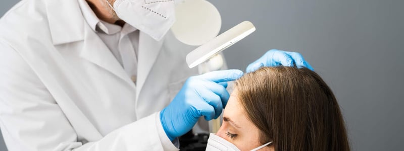 EIn Dermatologe untersucht die Kopfhaut einer jungen Frau.